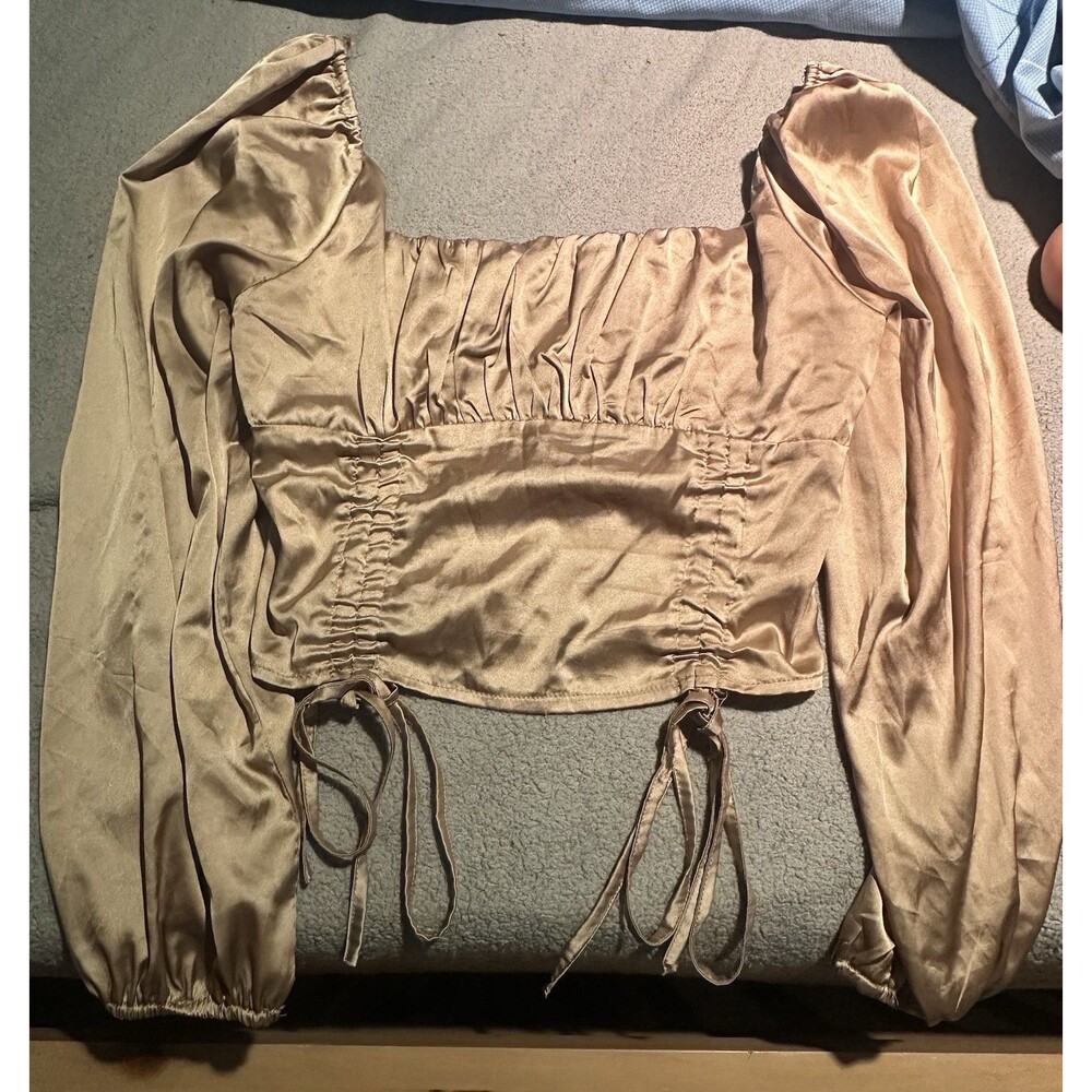 PAPAYA Women’s Satin Long-Sleeve Ruched Crop Top - Tan‎ SIZE M